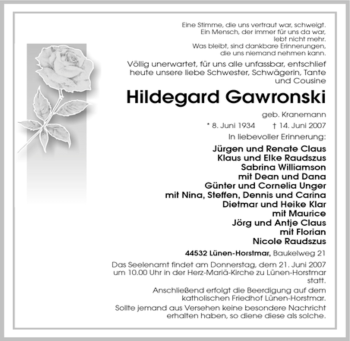 Traueranzeige von Hildegard Gawronski von Tageszeitung