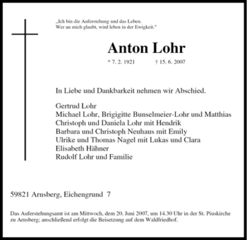 Traueranzeige von Anton Lohr von Tageszeitung