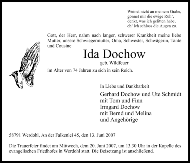  Traueranzeige für Ida Dochow vom 16.06.2007 aus Tageszeitung