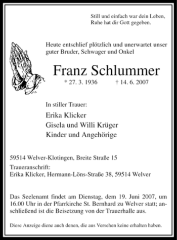 Traueranzeige von Franz Schlummer von Tageszeitung