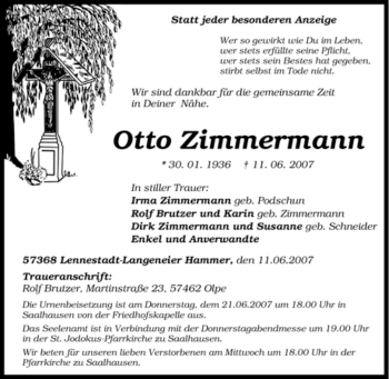 Traueranzeige von Otto Zimmermann von Tageszeitung