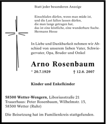 Traueranzeige von A rno Rosenbaum von Tageszeitung