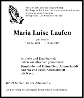 Traueranzeige von Maria Luise Laufen von Tageszeitung