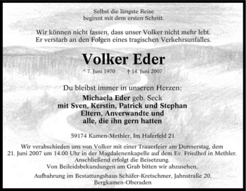 Traueranzeige von Volker Eder von Tageszeitung