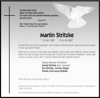 Traueranzeige von Martin Stritzke von Tageszeitung