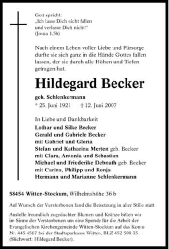 Traueranzeige von Hildegard Becker von Tageszeitung