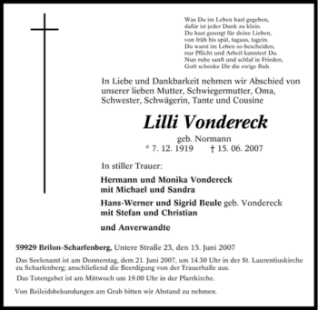 Traueranzeige von Lilli Vondereck von Tageszeitung