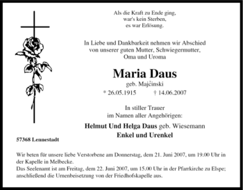 Traueranzeige von Maria Daus von Tageszeitung