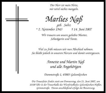 Traueranzeige von Marlies Naß von Tageszeitung