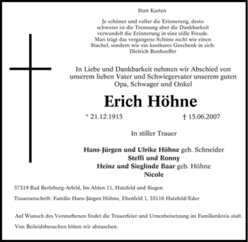 Traueranzeige von Erich Höhne von Tageszeitung