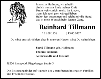 Traueranzeige von Reinhard Tillmann von Tageszeitung