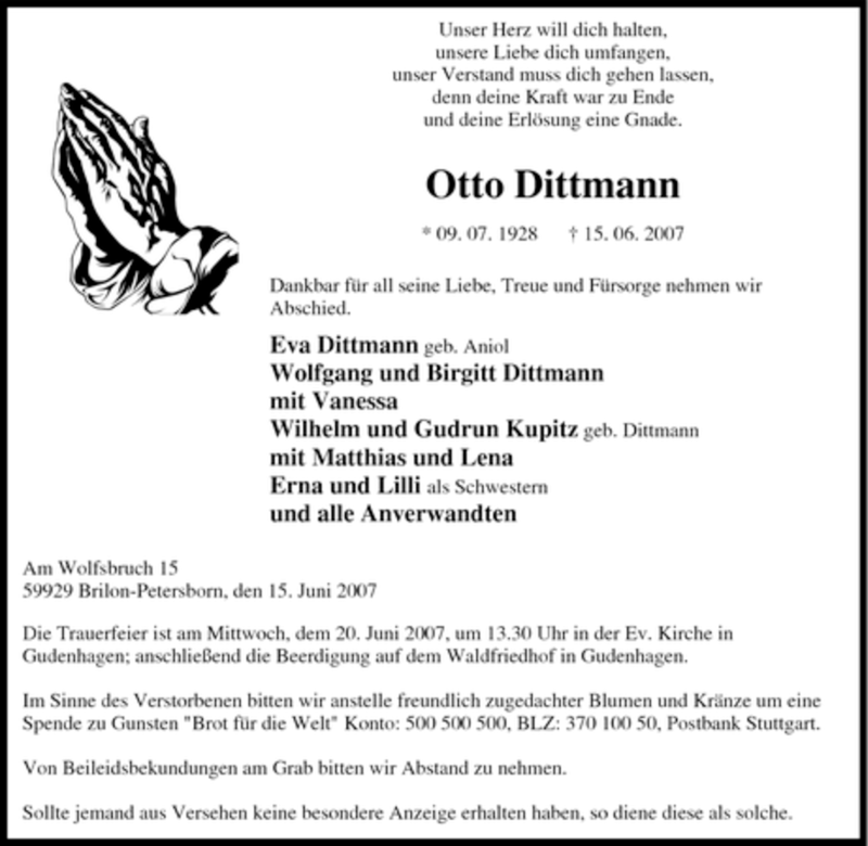  Traueranzeige für Otto Dittmann vom 18.06.2007 aus Tageszeitung