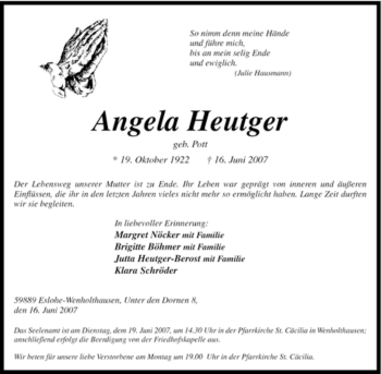 Traueranzeige von Angela Heutger von Tageszeitung