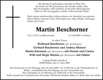 Traueranzeige von Martin Beschorner von Tageszeitung