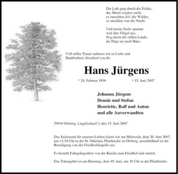 Traueranzeige von Hans Jürgens von Tageszeitung