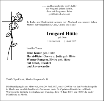 Traueranzeige von Irmgard Hütte von Tageszeitung
