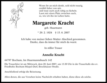 Traueranzeige von Margarete Kracht von Tageszeitung