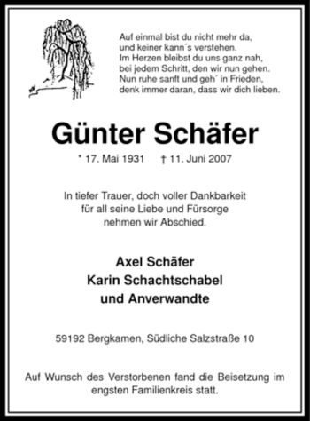 Traueranzeige von Günter Schäfer von Tageszeitung