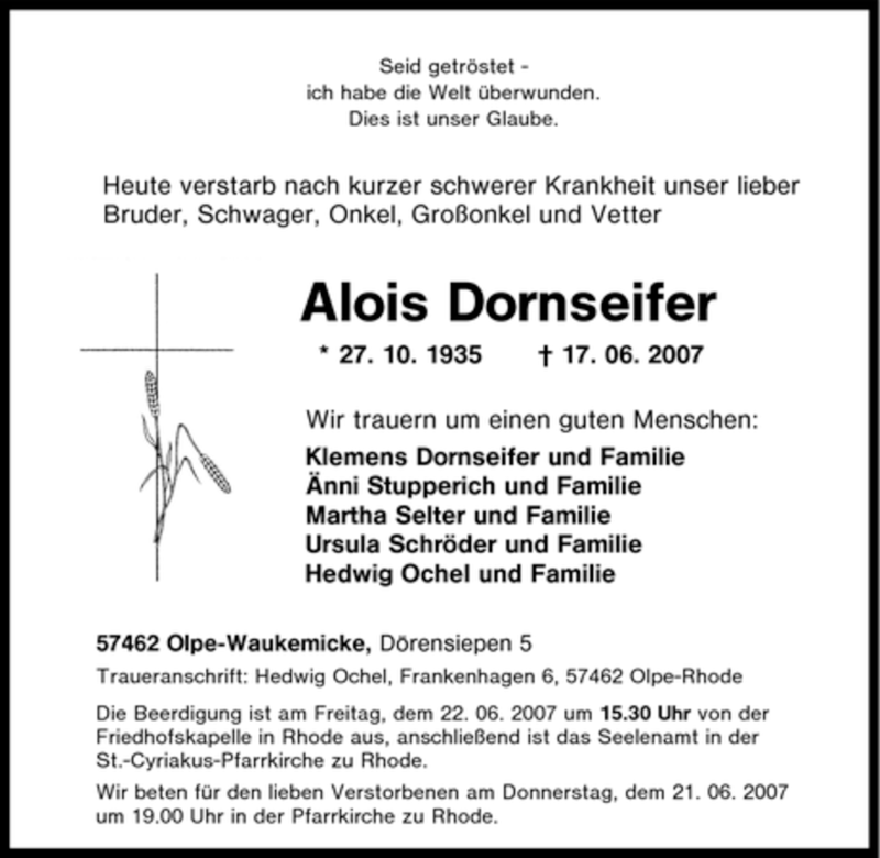  Traueranzeige für Alois Dornseifer vom 19.06.2007 aus Tageszeitung