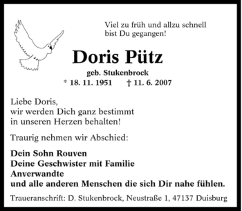 Traueranzeige von Doris Pütz von Tageszeitung