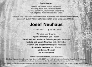 Traueranzeige von Josef Neuhaus von Tageszeitung