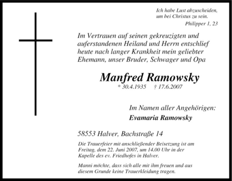  Traueranzeige für Manfred Ramowsky vom 19.06.2007 aus Tageszeitung