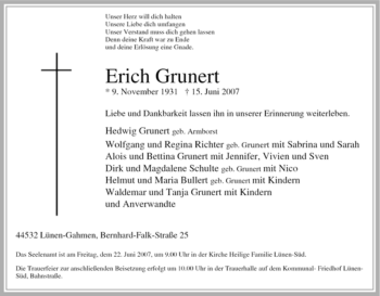 Traueranzeige von Erich Grunert von Tageszeitung