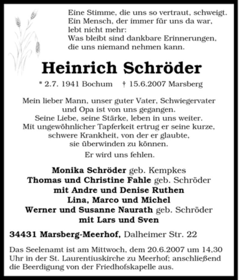  Traueranzeige für Heinrich Schröder vom 19.06.2007 aus Tageszeitung