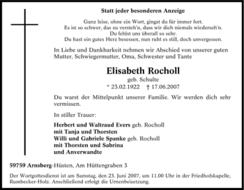 Traueranzeige von Elisabeth Rocholl von Tageszeitung