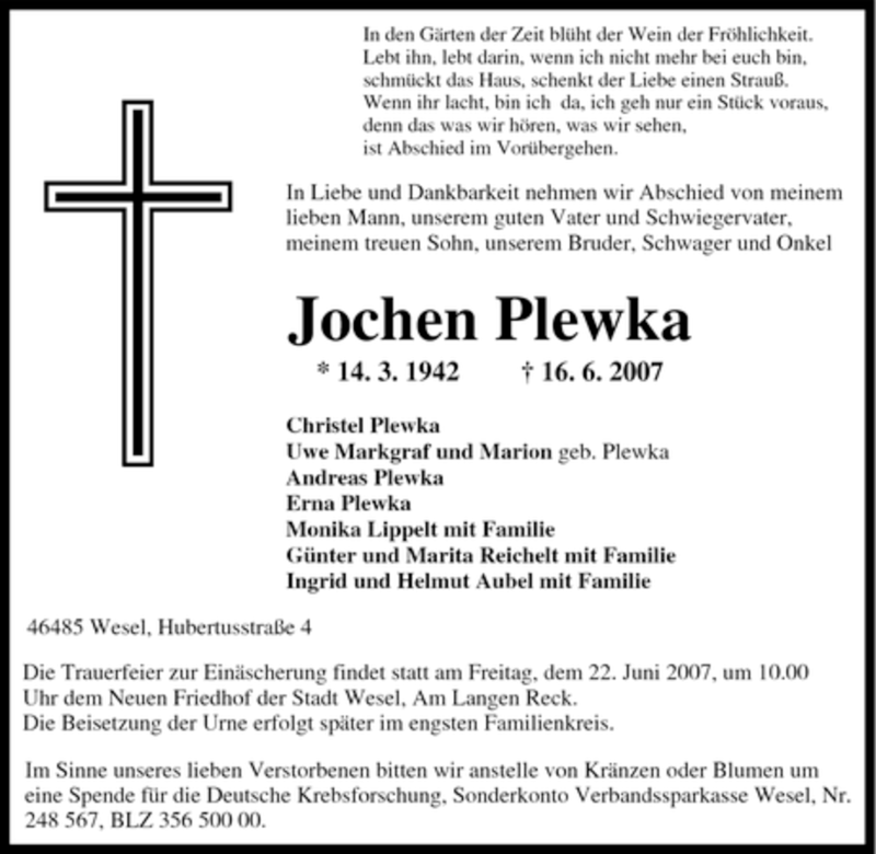  Traueranzeige für Jochen Plewka vom 19.06.2007 aus Tageszeitung