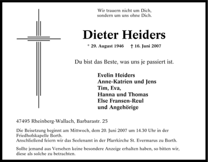  Traueranzeige für Dieter Heiders vom 19.06.2007 aus Tageszeitung