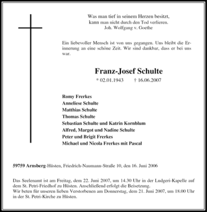 Traueranzeige für Franz-Josef Schulte vom 19.06.2007 aus Tageszeitung