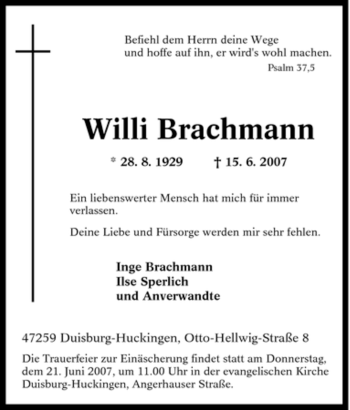Traueranzeige von Willi Brachmann von Tageszeitung