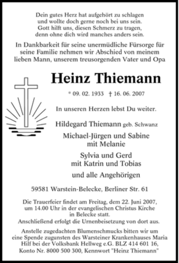 Traueranzeige von Heinz Thiemann von Tageszeitung