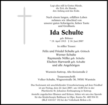 Traueranzeige von Ida Schulte von Tageszeitung