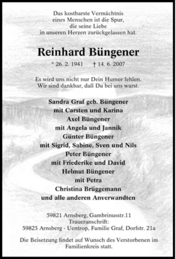 Traueranzeige von Reinhard Büngener von Tageszeitung