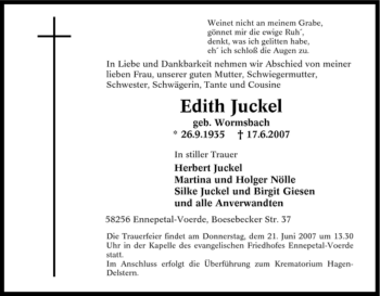 Traueranzeige von Edith Juckel von Tageszeitung