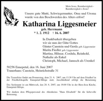 Traueranzeige von Katharina Liggesmeier von Tageszeitung