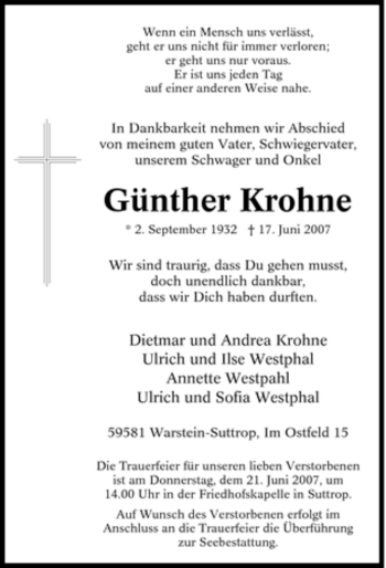 Traueranzeige von Günther Krohne von Tageszeitung