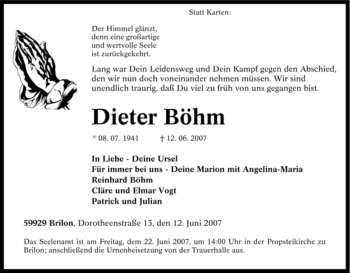 Traueranzeige von Dieter Böhm von Tageszeitung