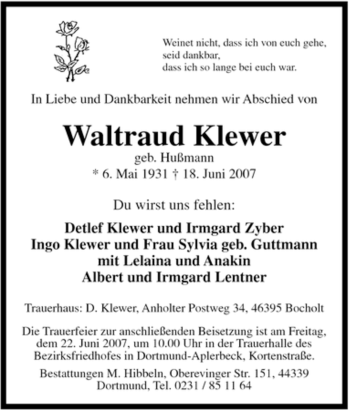 Traueranzeige von Waltraud Klewer von Tageszeitung