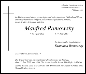 Traueranzeige von Manfred Ramowsky von Tageszeitung