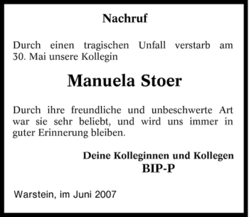 Traueranzeige von Manuela Stoer von Tageszeitung