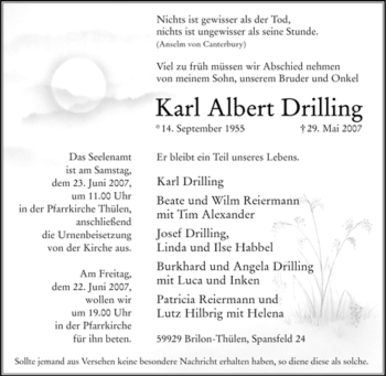 Traueranzeige von Karl Albert Drilling von Tageszeitung