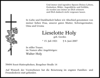 Traueranzeige von Lieselotte Holy von Tageszeitung