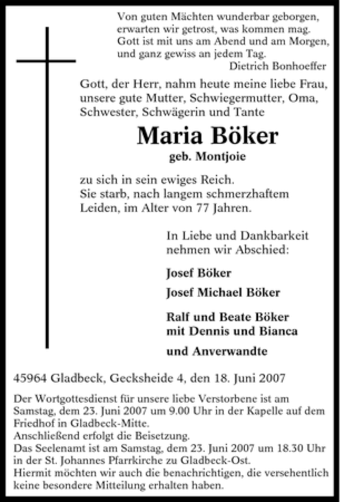  Traueranzeige für Maria Böker vom 20.06.2007 aus Tageszeitung