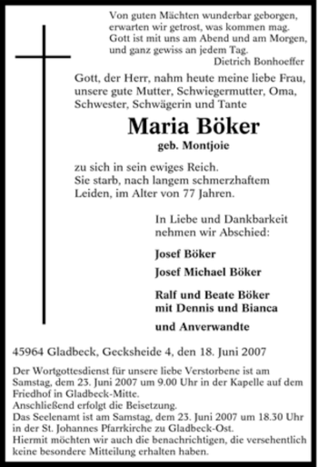 Traueranzeige von Maria Böker von Tageszeitung