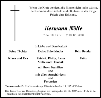 Traueranzeige von Hermann Nölle von Tageszeitung