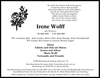 Traueranzeige von Irene Wolff von Tageszeitung
