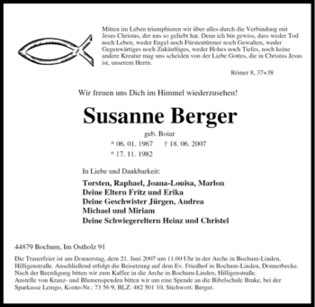 Traueranzeige von Susanne Berger von Tageszeitung